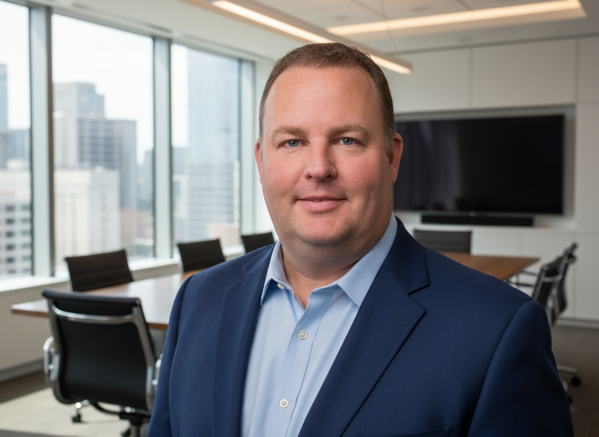 Man in a blue suit smiles in an office, conference table and city view in background.
