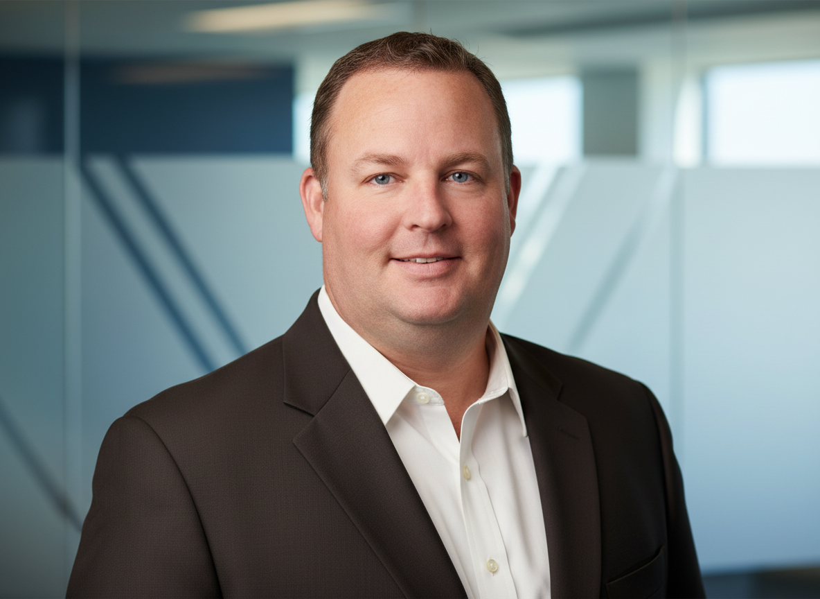 Man in dark suit and white shirt, smiling, in front of a blurry window backdrop.