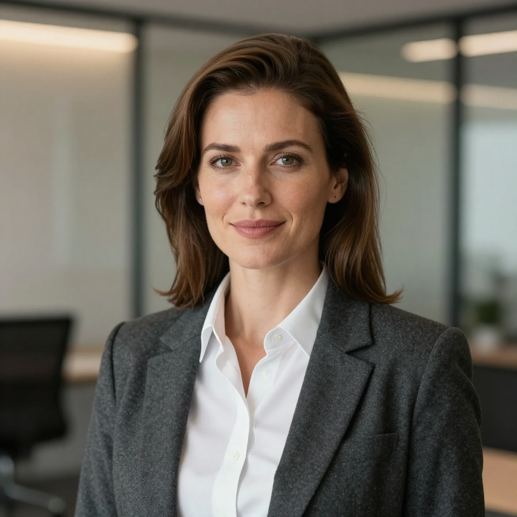 Woman in gray suit, white shirt, smiling in an office setting.