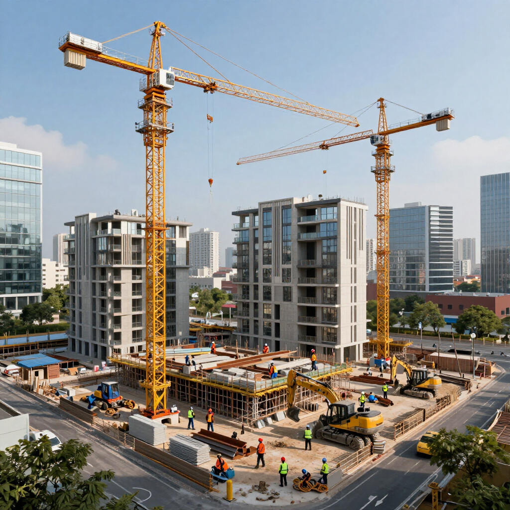 Two yellow construction cranes over a building site with workers and equipment in an urban setting.