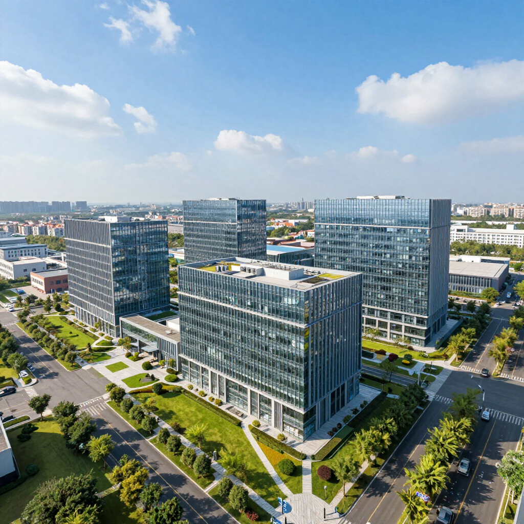 Modern office buildings with glass facades under a blue sky, lined by trees and roads.