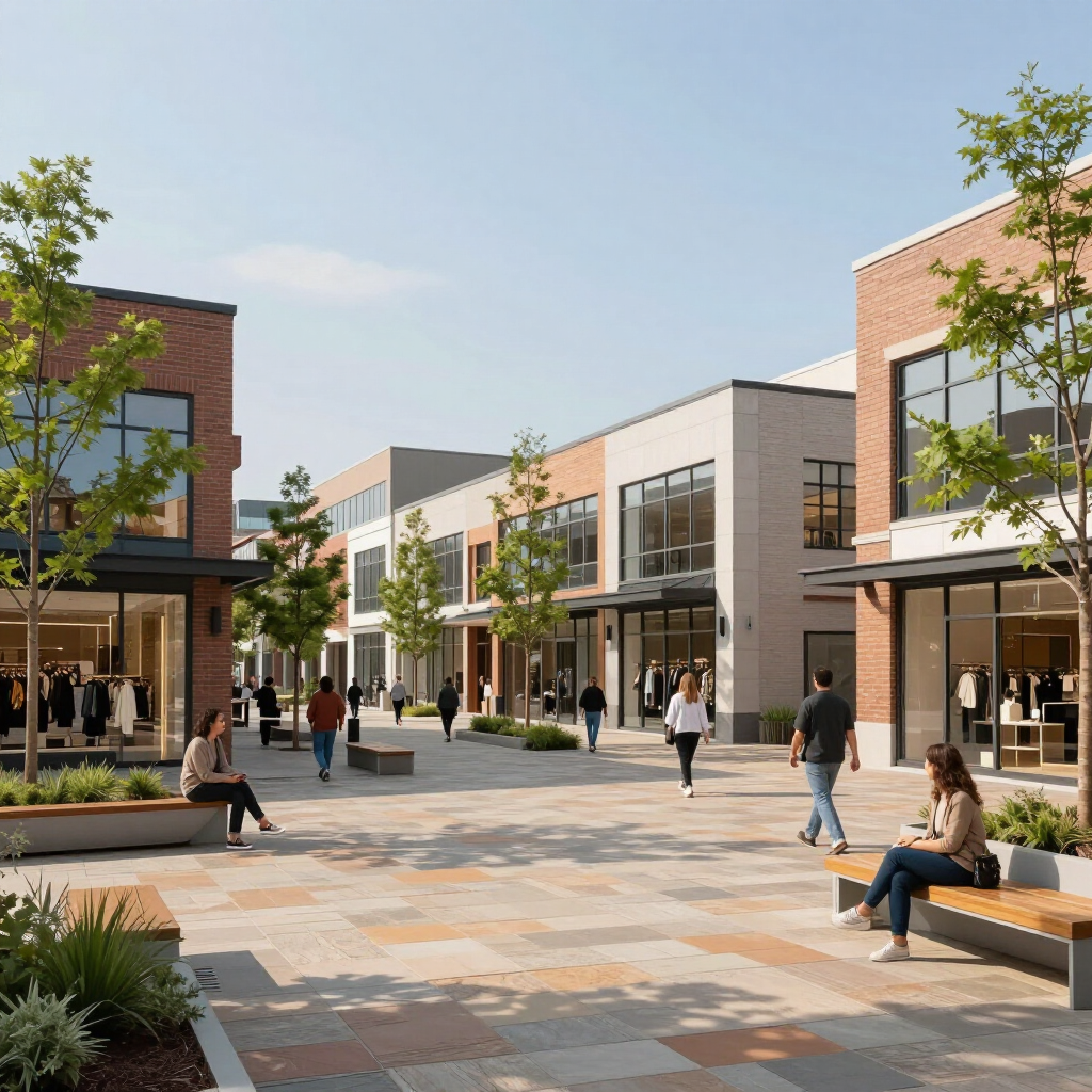 Exterior of a shopping center with pedestrians walking and sitting on benches; brick buildings, sunny day.