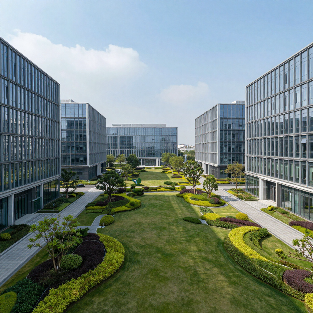 Office buildings with glass facades and manicured landscaping under a blue sky.