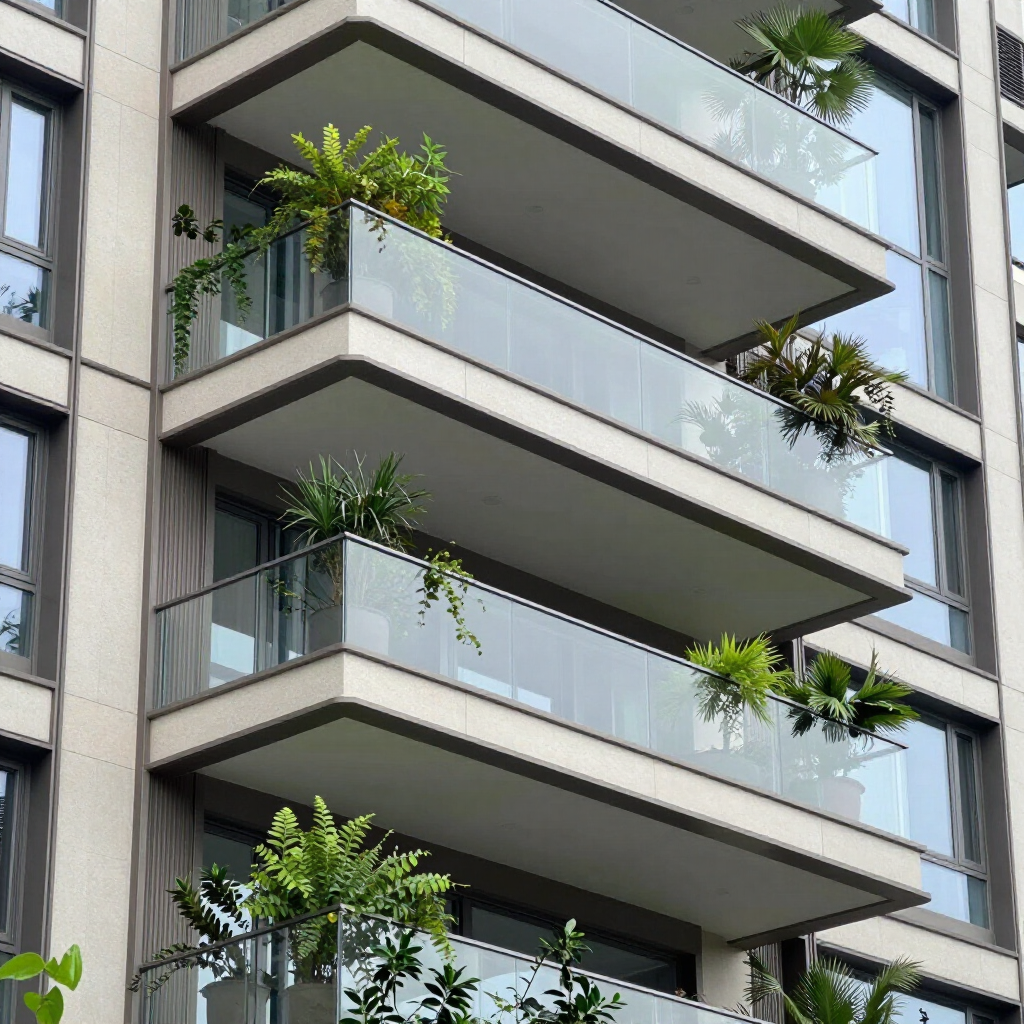 Balconies with glass railings on a modern apartment building, each with potted plants.
