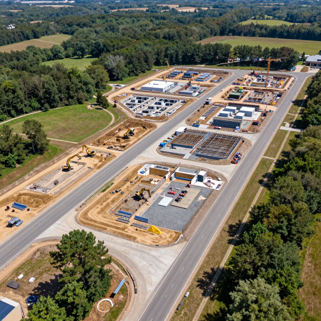 Aerial view of a construction site with several buildings under construction, heavy machinery, and trees in a rural setting.