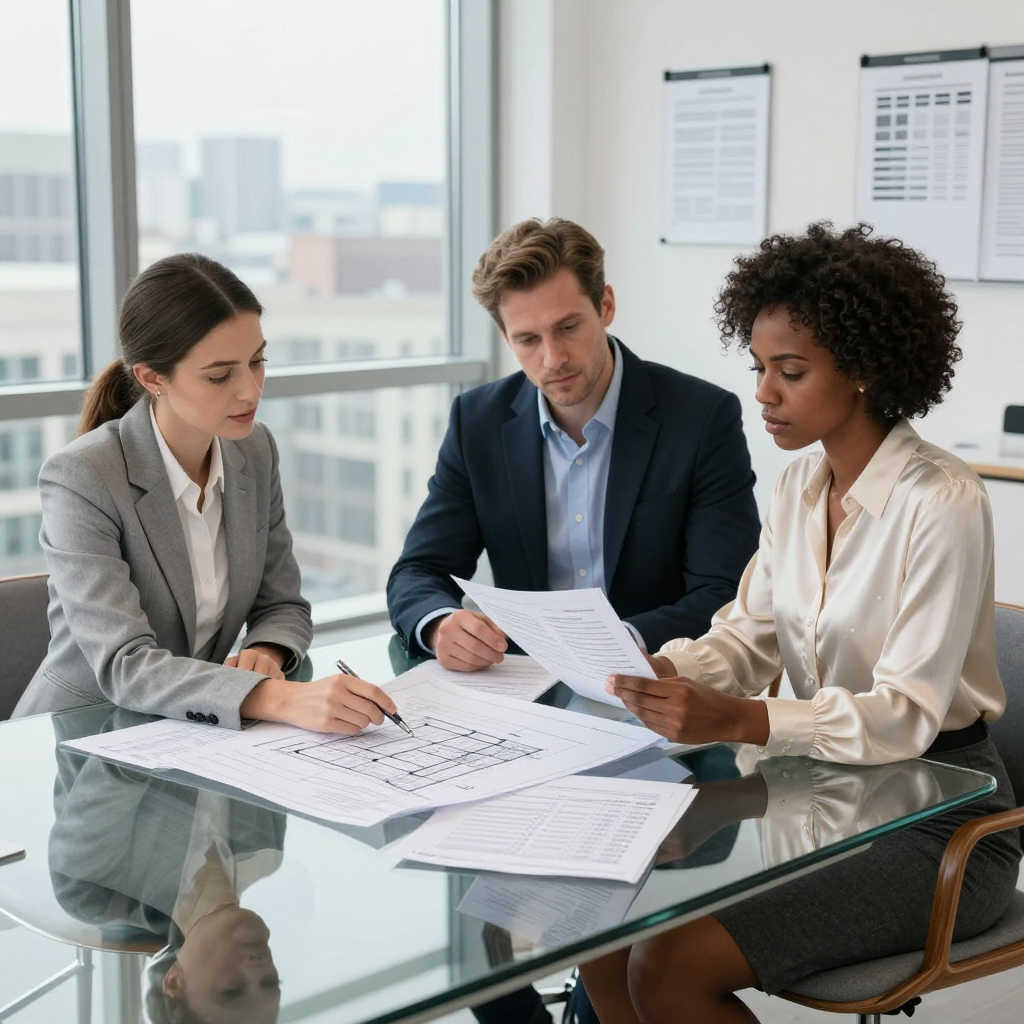 Three professionals reviewing documents at a table in an office.