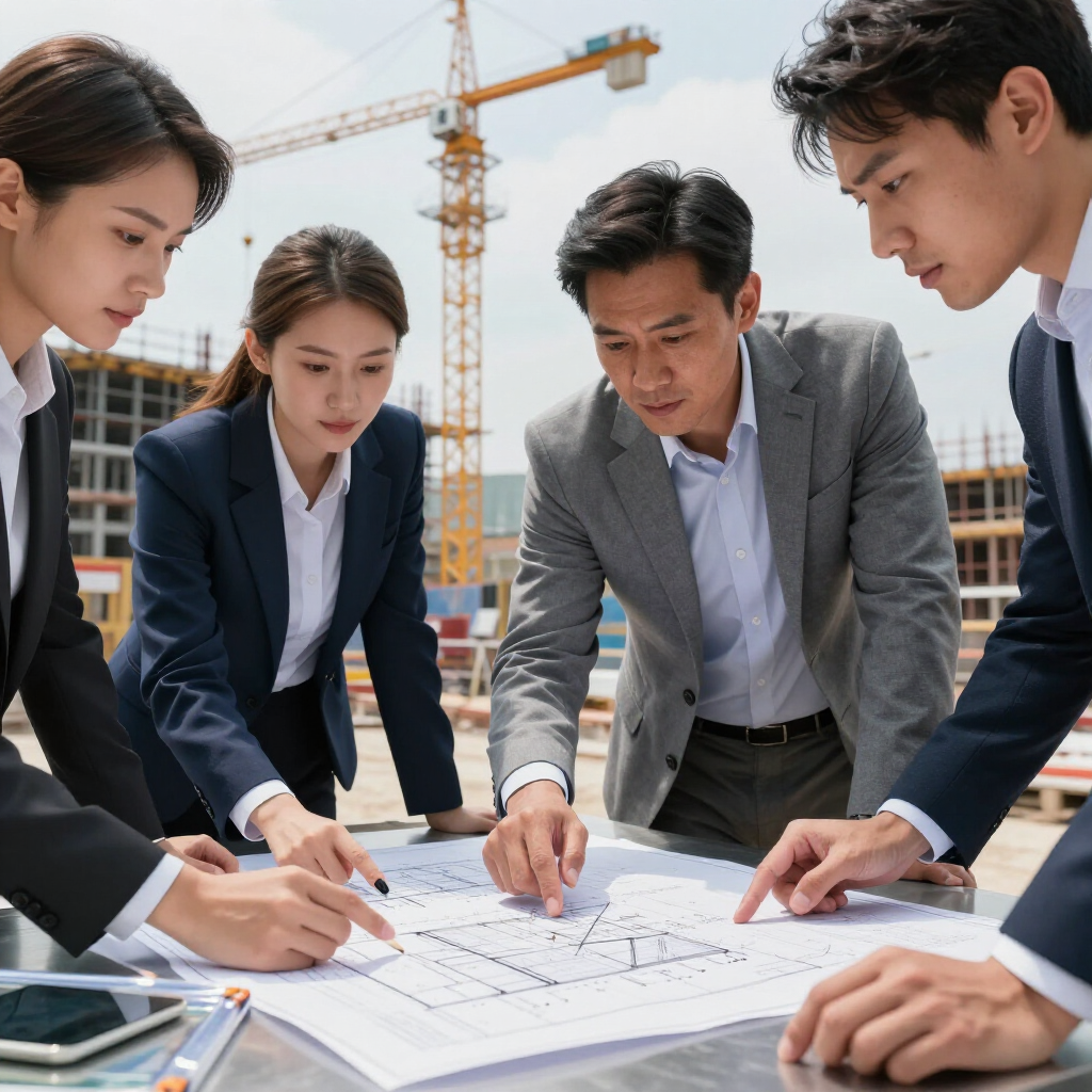 Group of business professionals reviewing blueprints at a construction site.