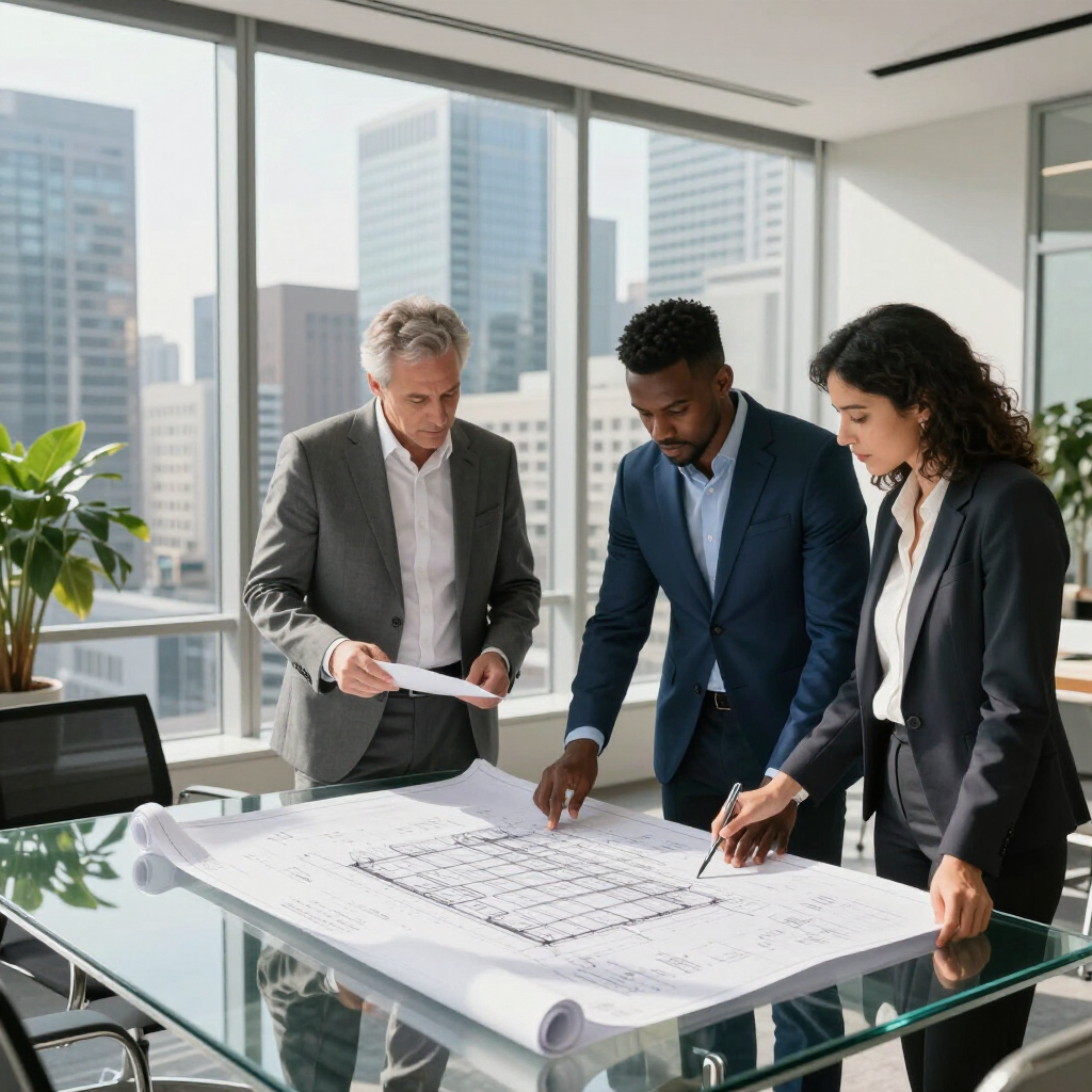 Three businesspeople reviewing blueprints at a table in an office overlooking a city.