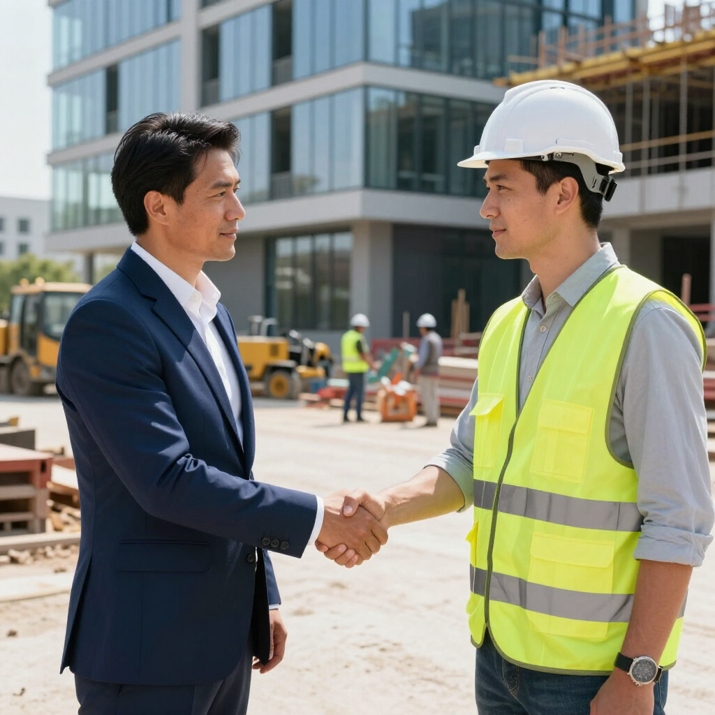 Businessman in suit shaking hands with construction worker in front of a building site.