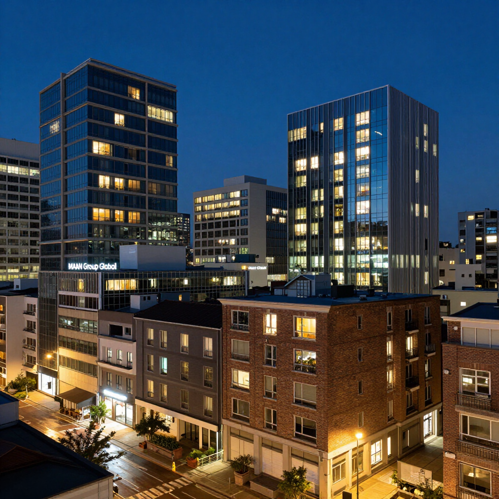 City buildings at dusk, lit windows, blue sky.