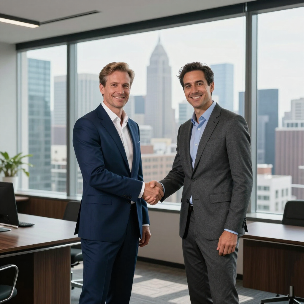 Two men in suits shaking hands in an office with city views, smiling.