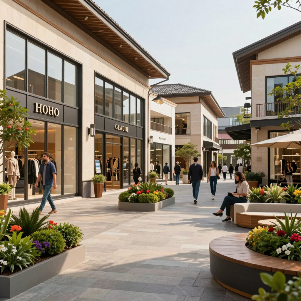 Shopping center exterior with pedestrian walkway, storefronts, and people walking and sitting.