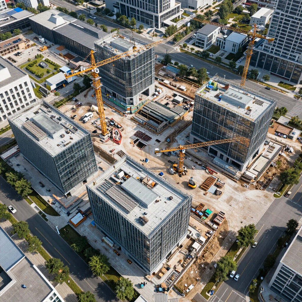 Aerial view of a construction site with multiple buildings under construction, cranes, and equipment.