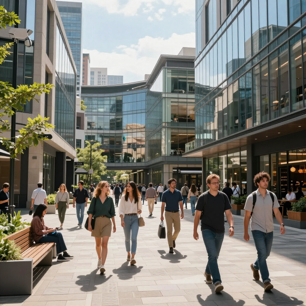People walking on a brick-paved walkway lined with modern buildings with glass facades. Sunny day.