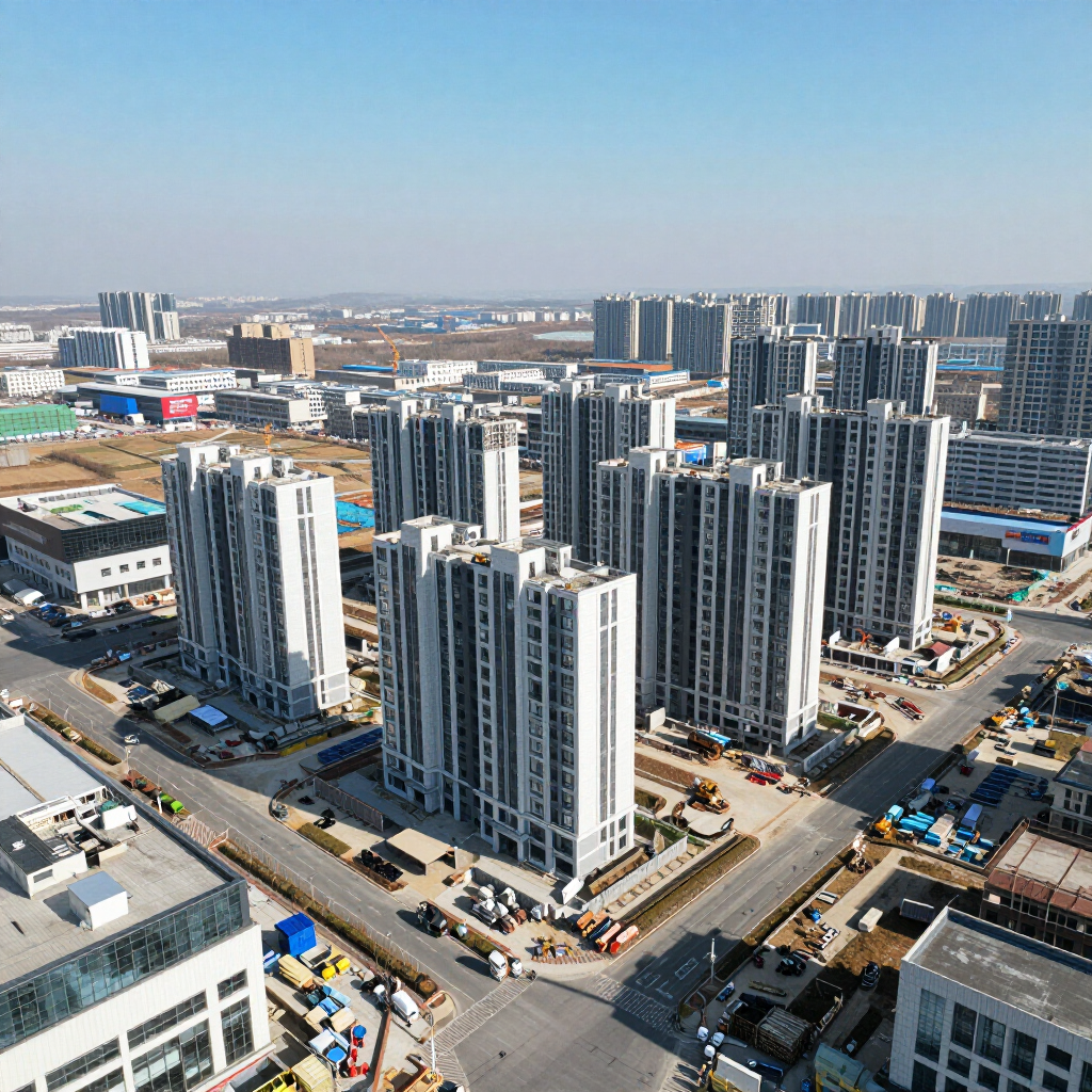 High-angle view of a city with many tall, modern apartment buildings and roads.