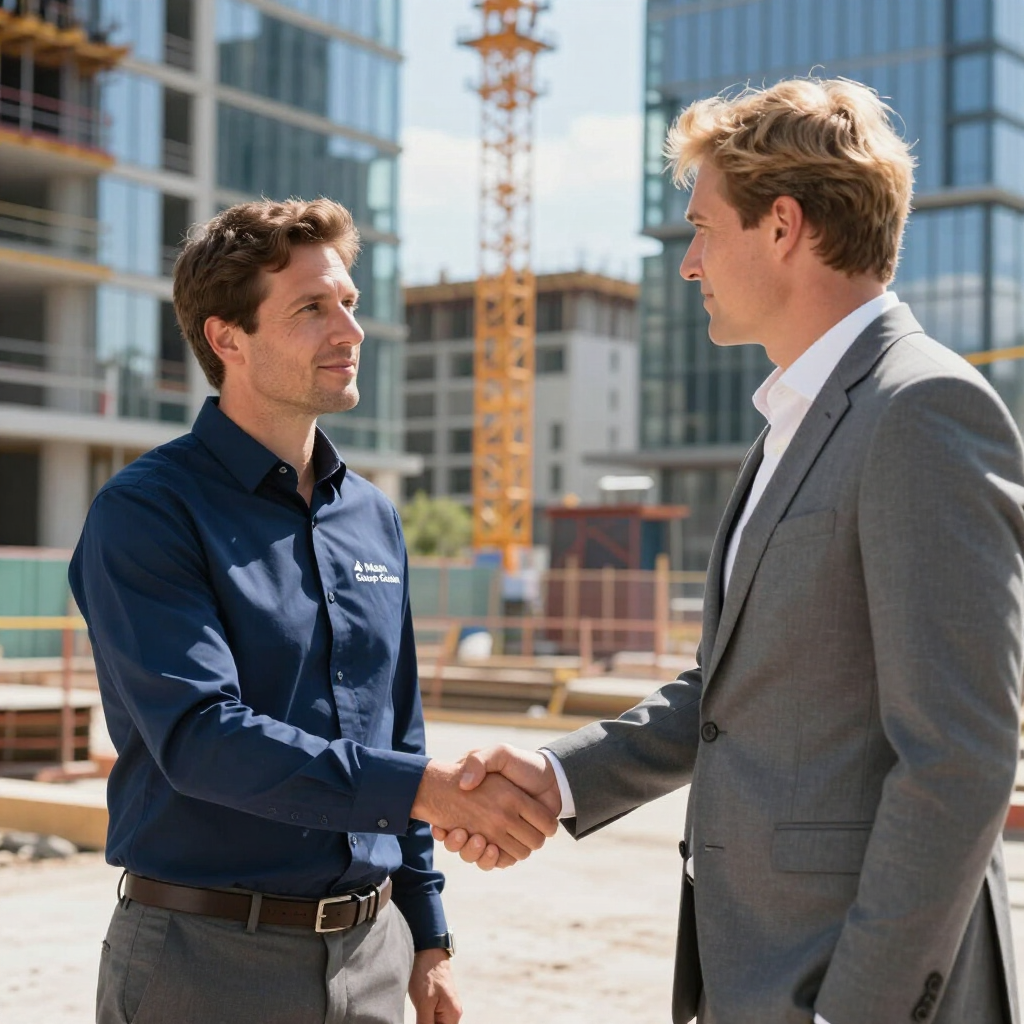 Two men shaking hands at a construction site; one in suit, other in work shirt.