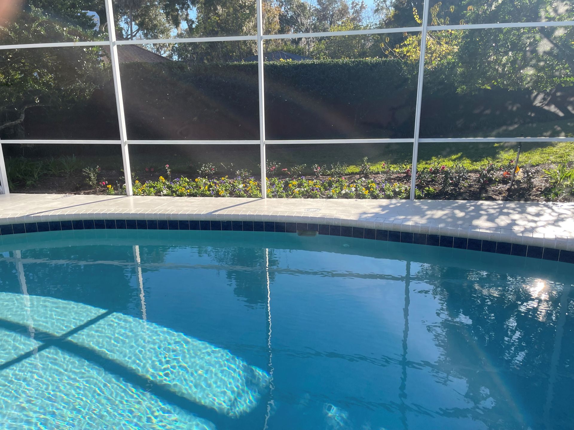 A swimming pool with a screened in area and chairs around it