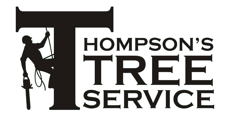 Thompson's Tree Service logo with a silhouetted tree worker climbing a tree next to a large black 