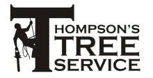 Thompson's Tree Service logo with a silhouetted tree worker climbing a tree next to a large black 