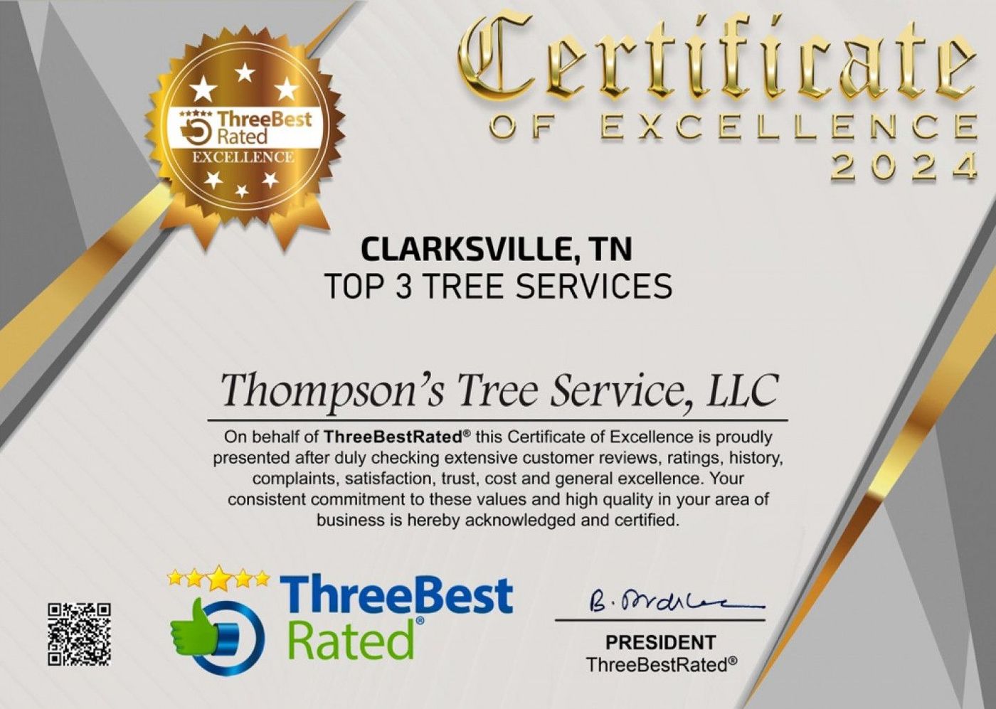 Certificate of Excellence for Thompson's Tree Service, LLC in Clarksville, TN, as a Top 3 Tree Service in 2024.