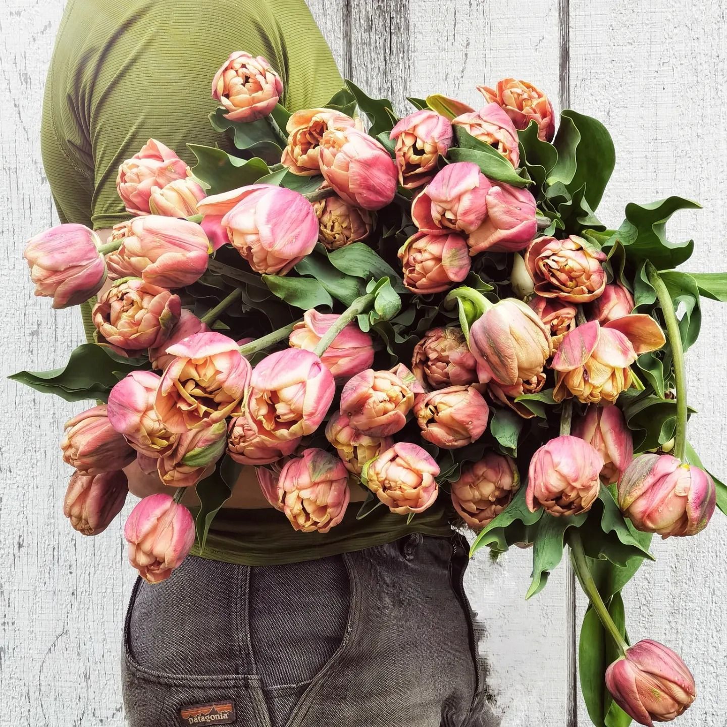 A person is holding a large bouquet of pink flowers