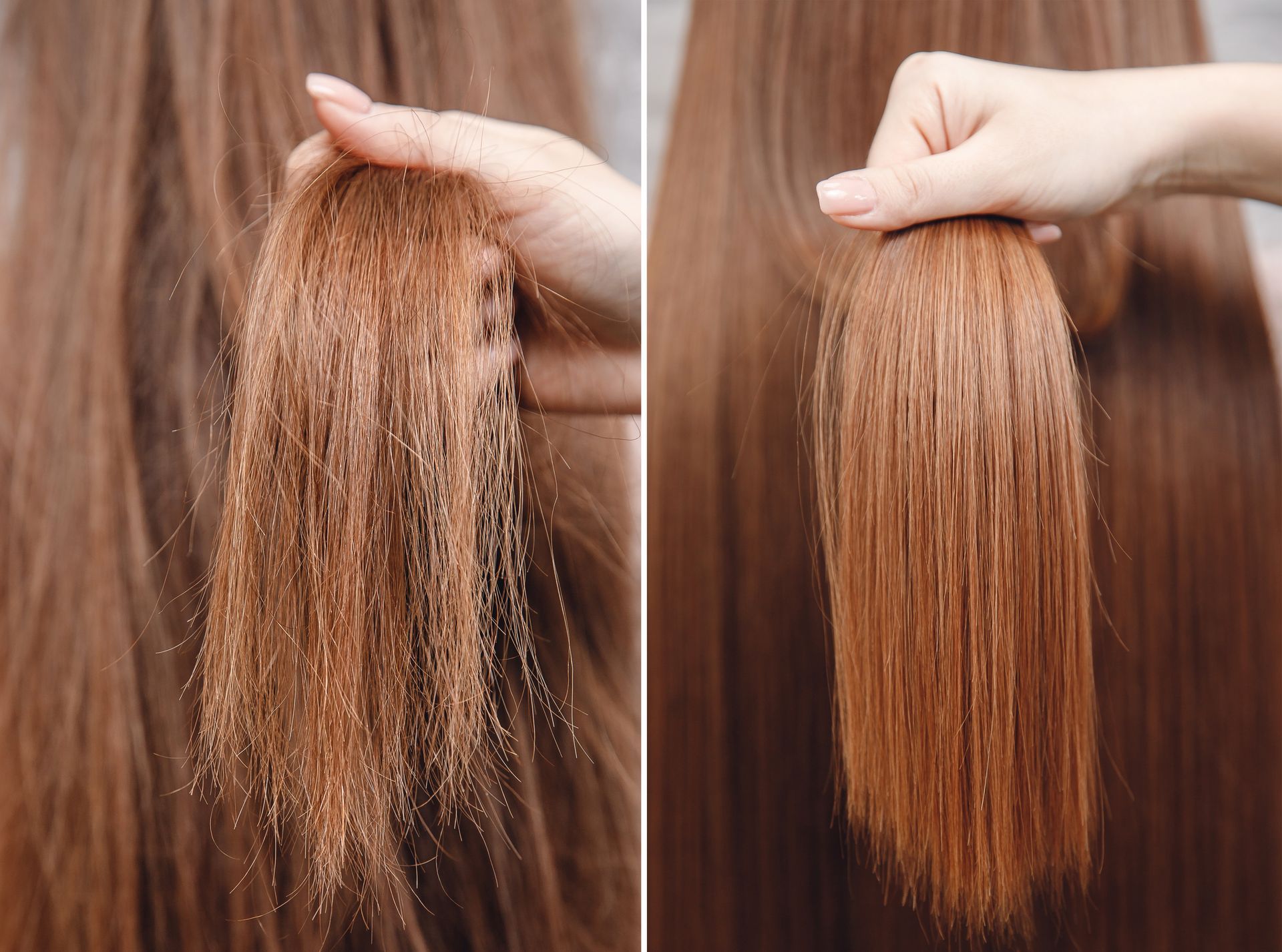 A woman is holding a piece of hair in her hand.