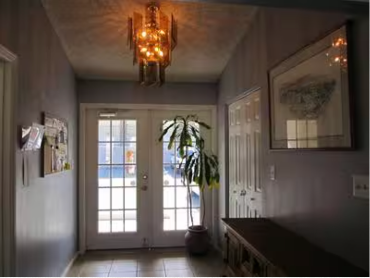 A hallway with a plant and a chandelier hanging from the ceiling.