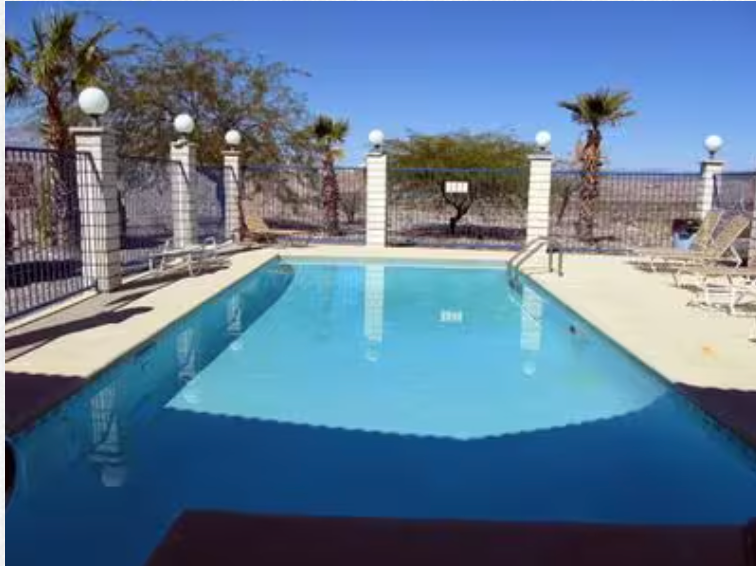 A large swimming pool with palm trees in the background