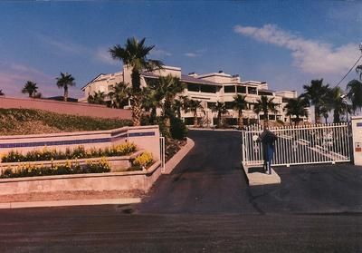 A man stands in front of a gated entrance to a building with palm trees