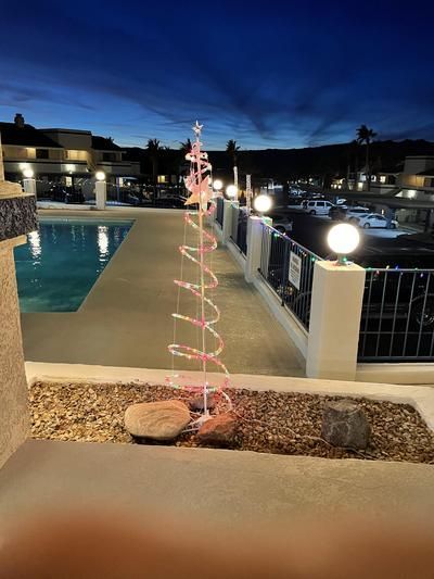 A christmas tree is lit up in front of a pool at night.
