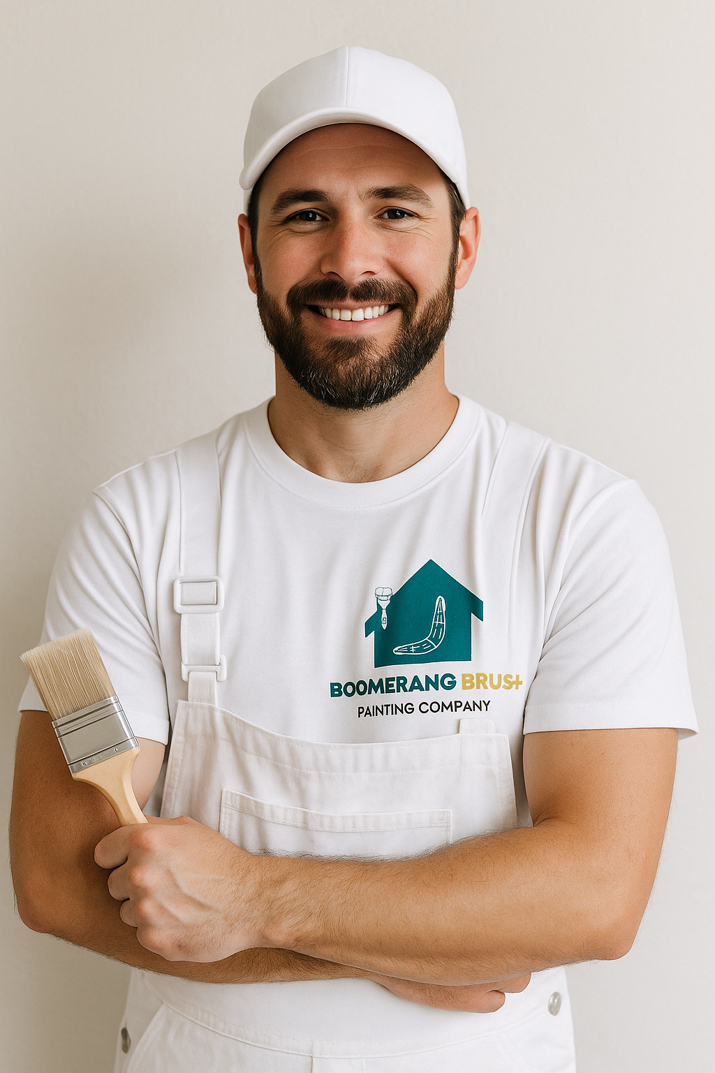 A man with a beard is holding a paint brush and smiling.