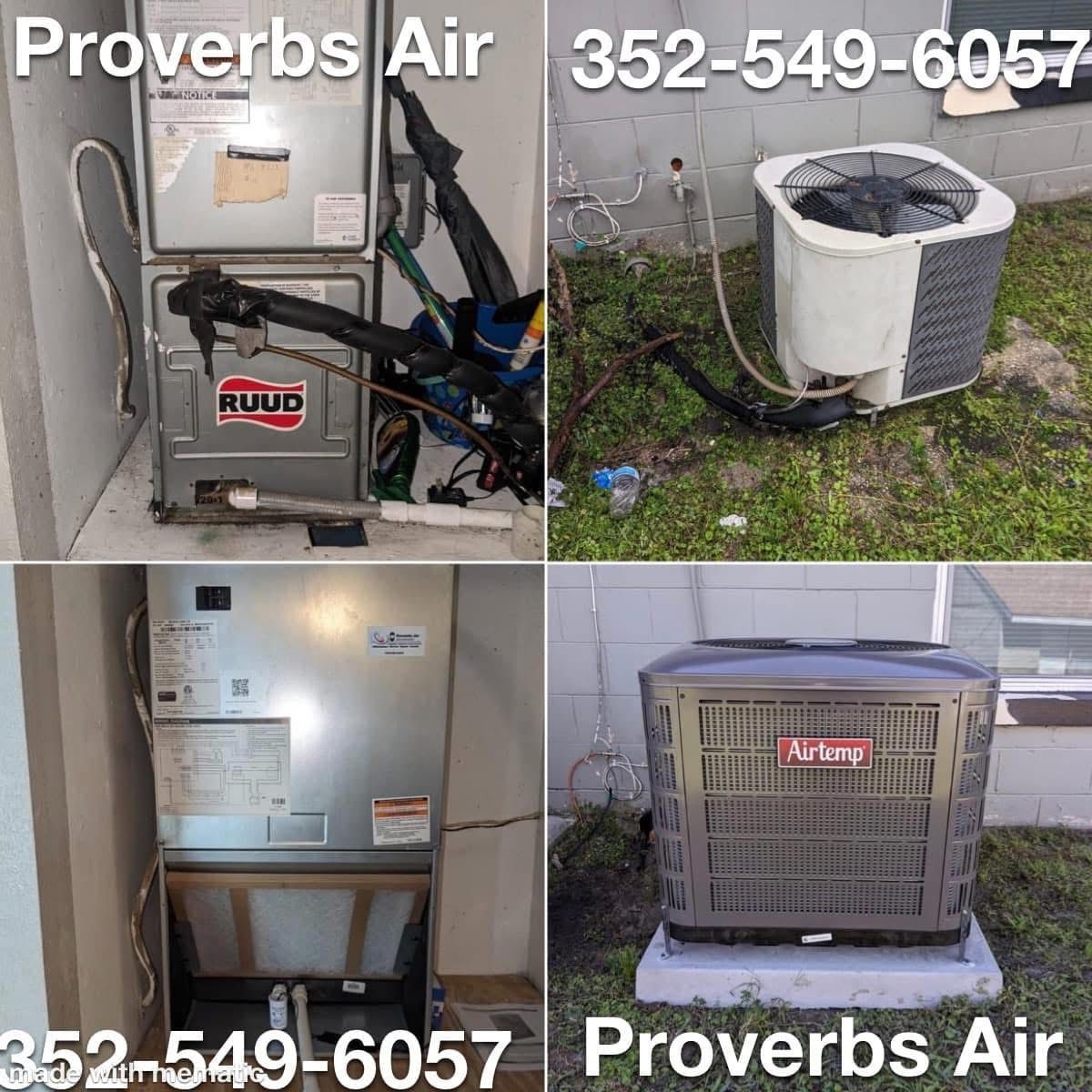 A collage of four pictures of air conditioners with the words proverbs air on the bottom