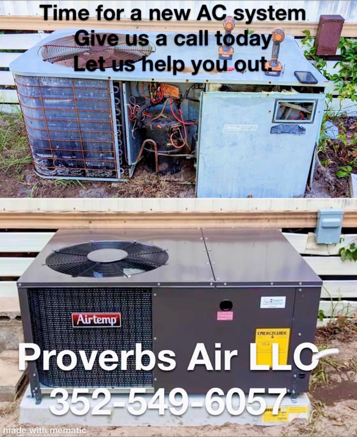 A picture of a broken air conditioner and a picture of a new air conditioner.