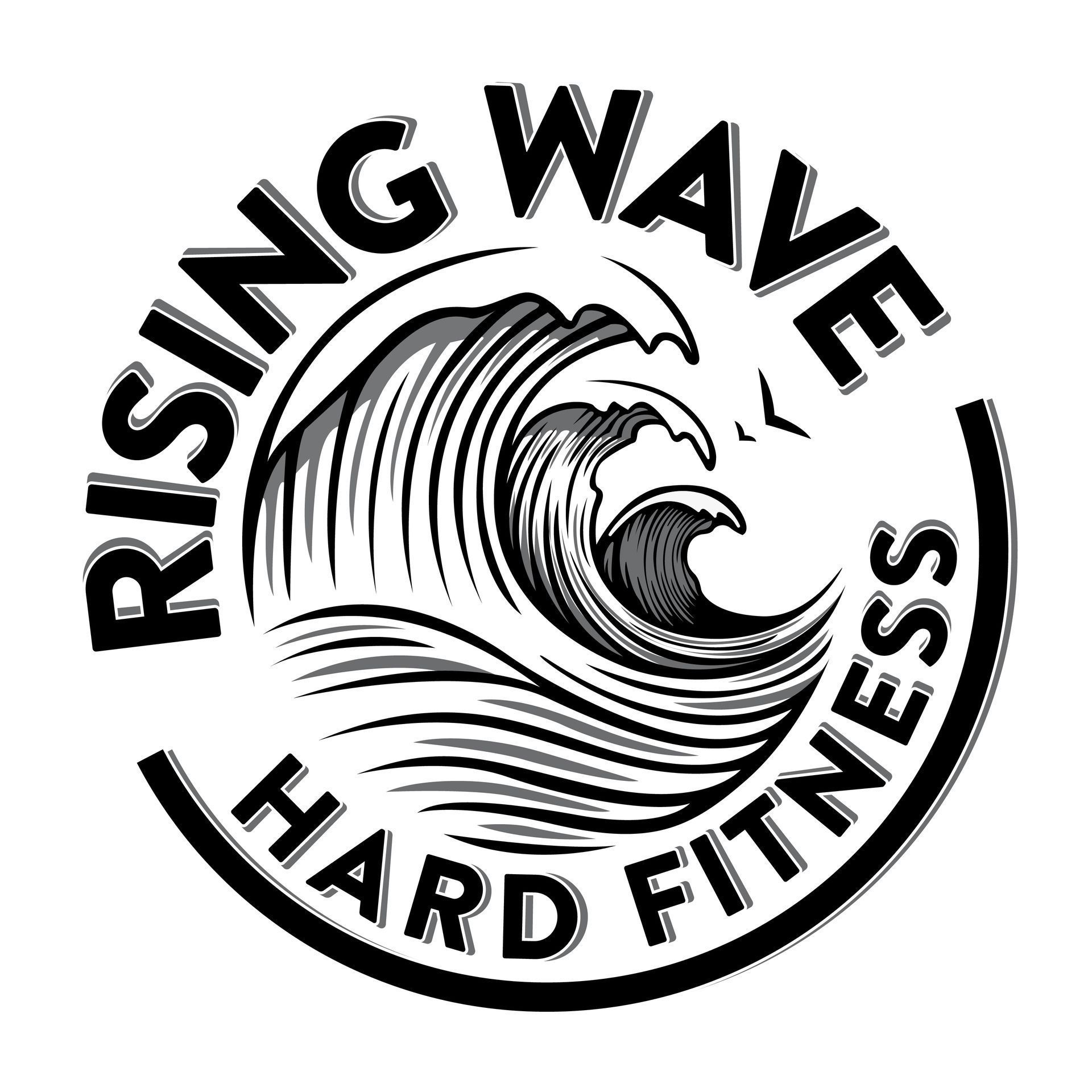 The logo for rising wave hard fitness shows a wave in a circle.