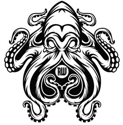 A black and white drawing of an octopus with tentacles.