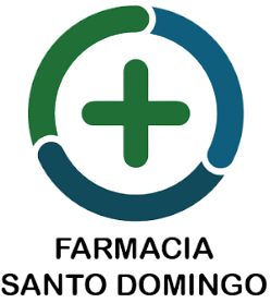 Logotipo de farmacia: Diseño circular verde y azul con un signo más verde y 