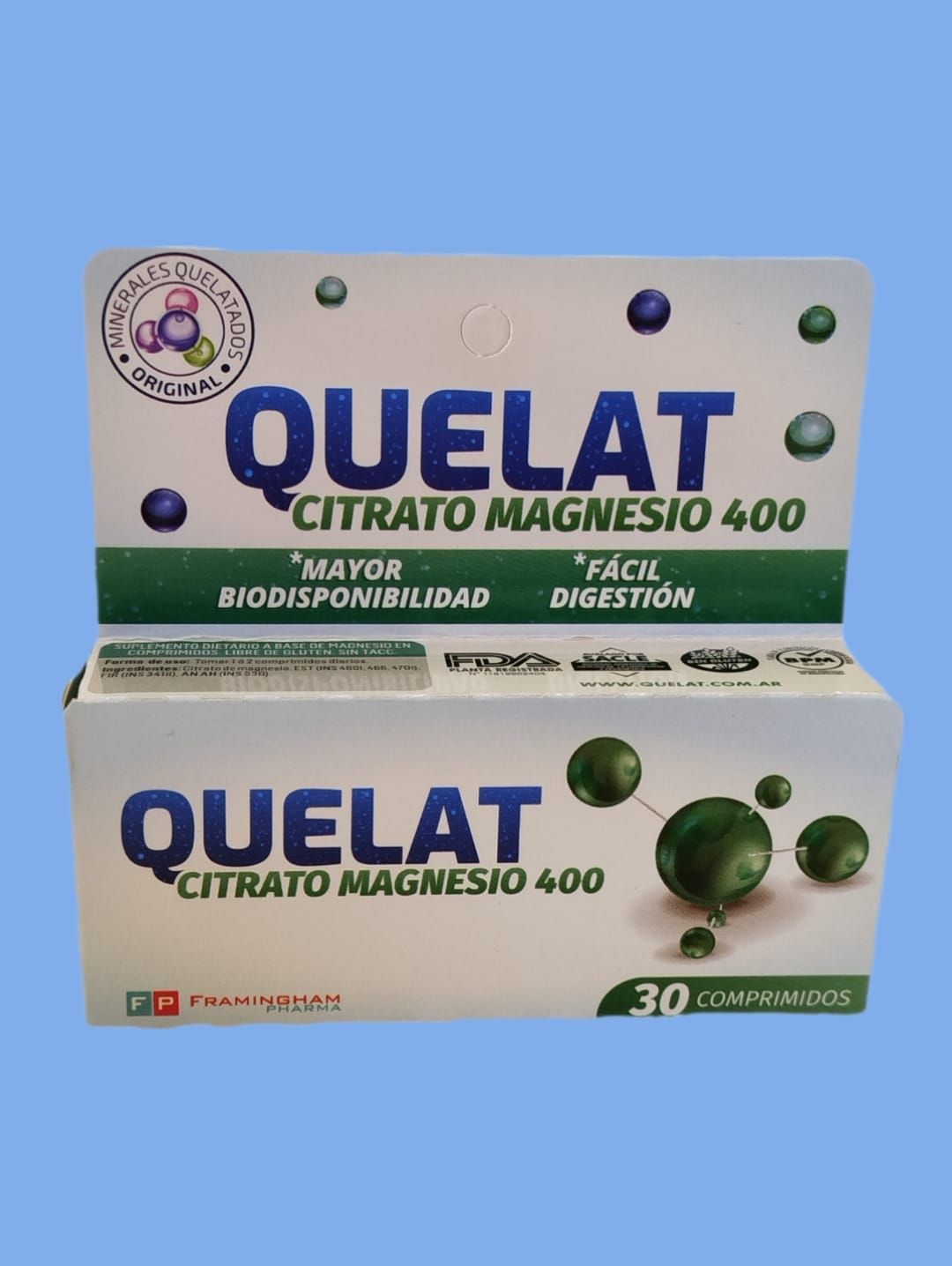 Caja de suplementos “Quelat Citrato Magnesio 400”, color blanco con detalles en azul y verde, conteniendo 30 comprimidos.