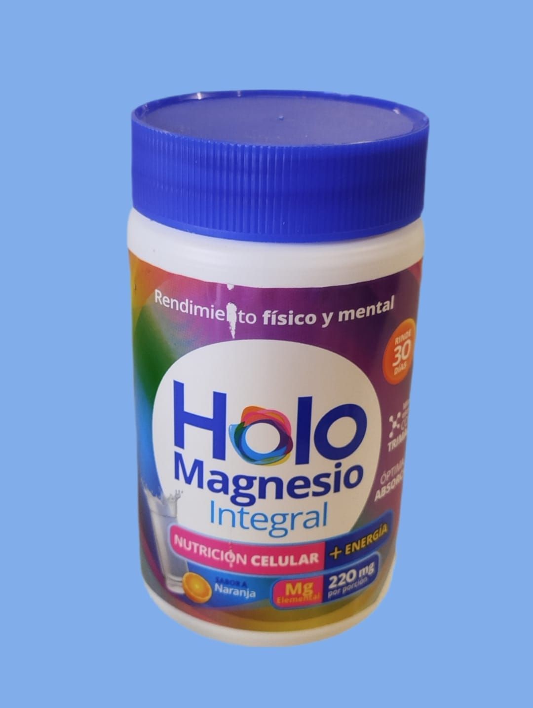 Una botella blanca de suplemento "Holo Magnesio Integral",