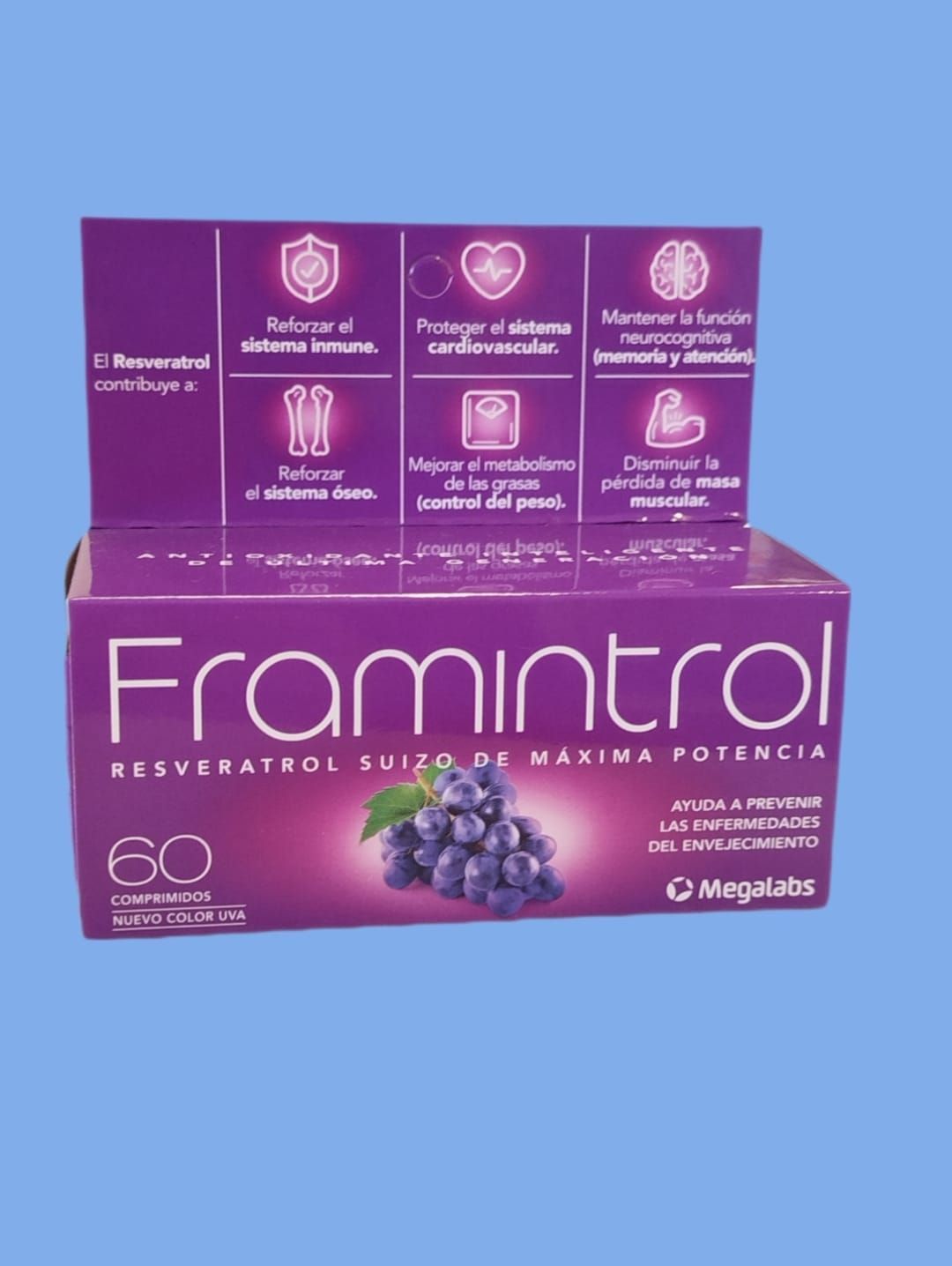 Caja de suplementos "Framintrol" con diseño morado