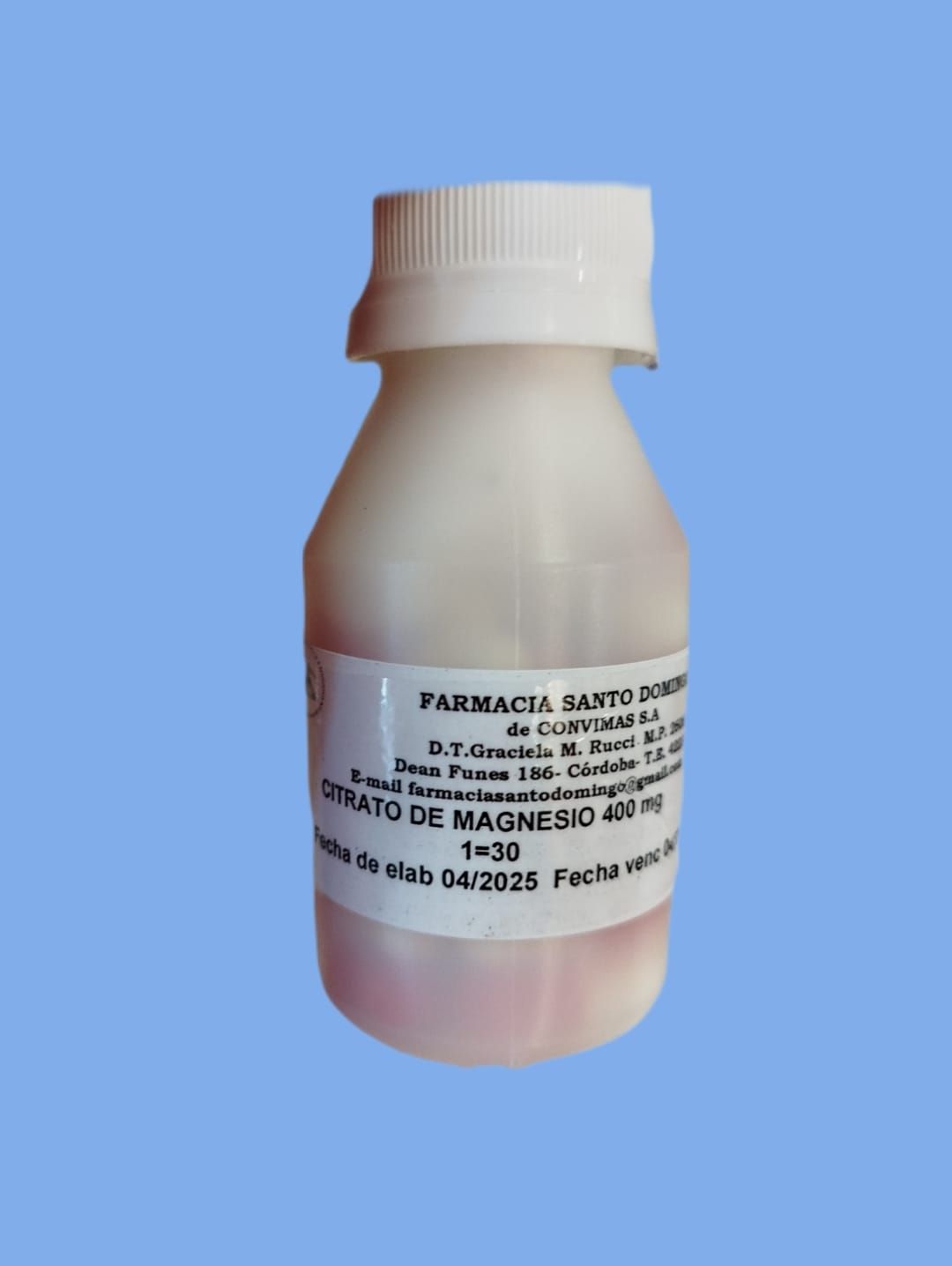 Una botella de plástico blanca con tapa blanca y una etiqueta que dice "Citrato de magnesio