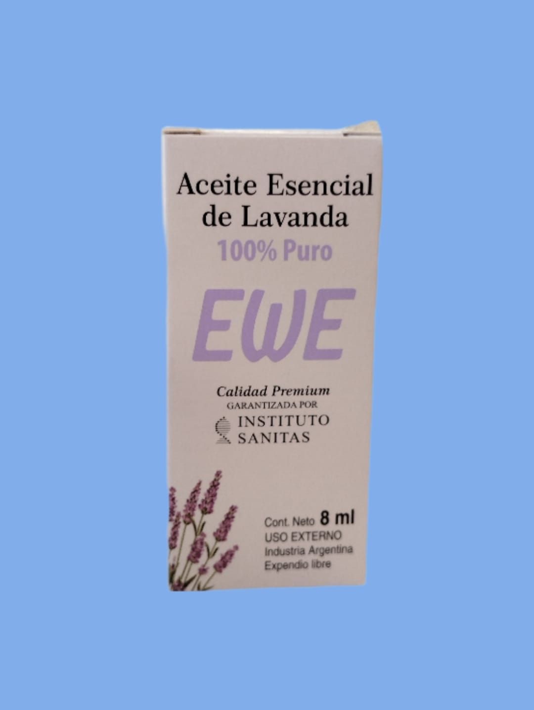 Caja de "Aceite Esencial de Lavanda", 100% Puro, con ilustración de ramita de lavanda.