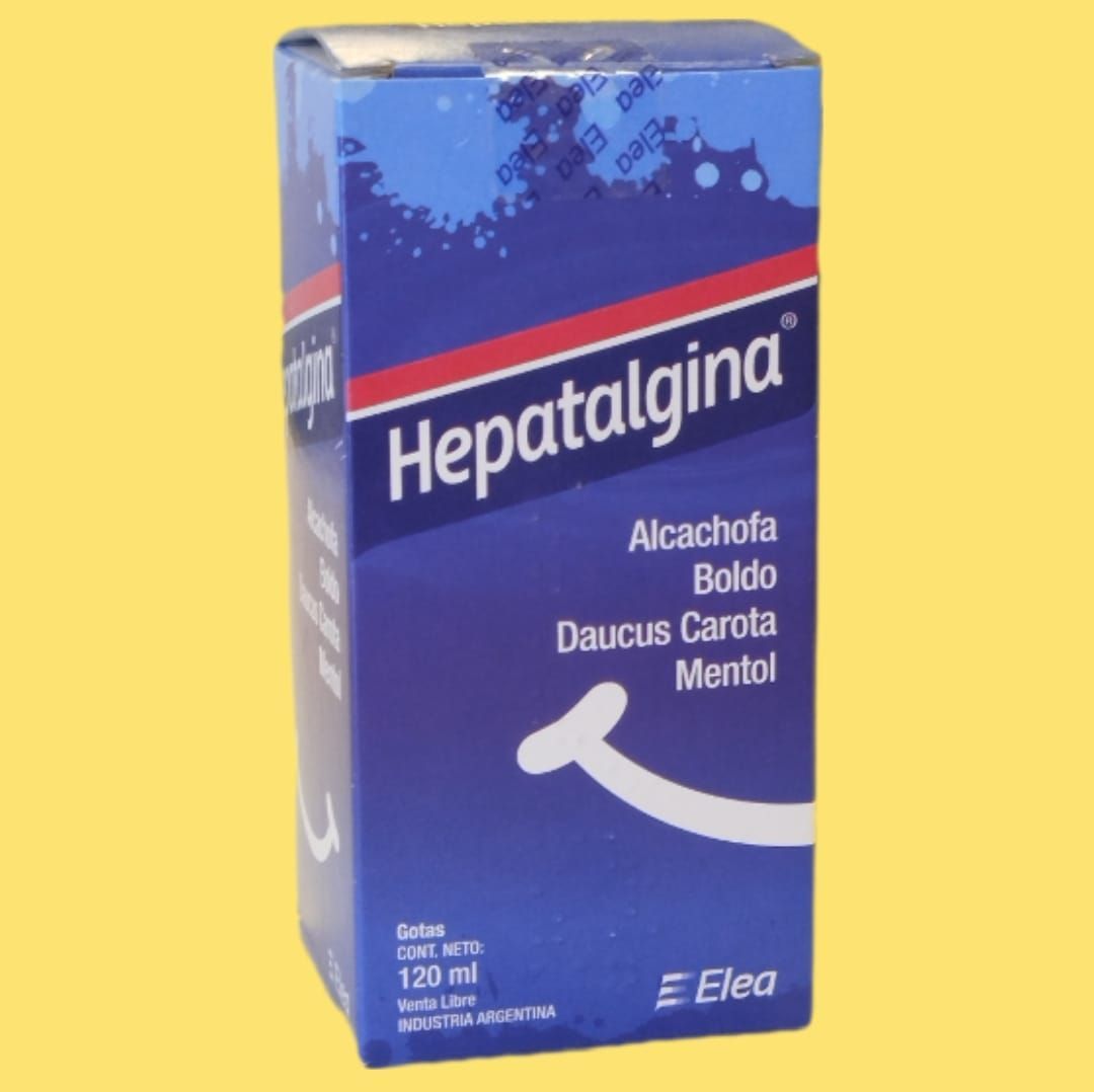 Caja de gotas “Hepatalgina” con alcachofa, boldo, zanahoria y mentol, de color azul y rojo con acentos verdes.