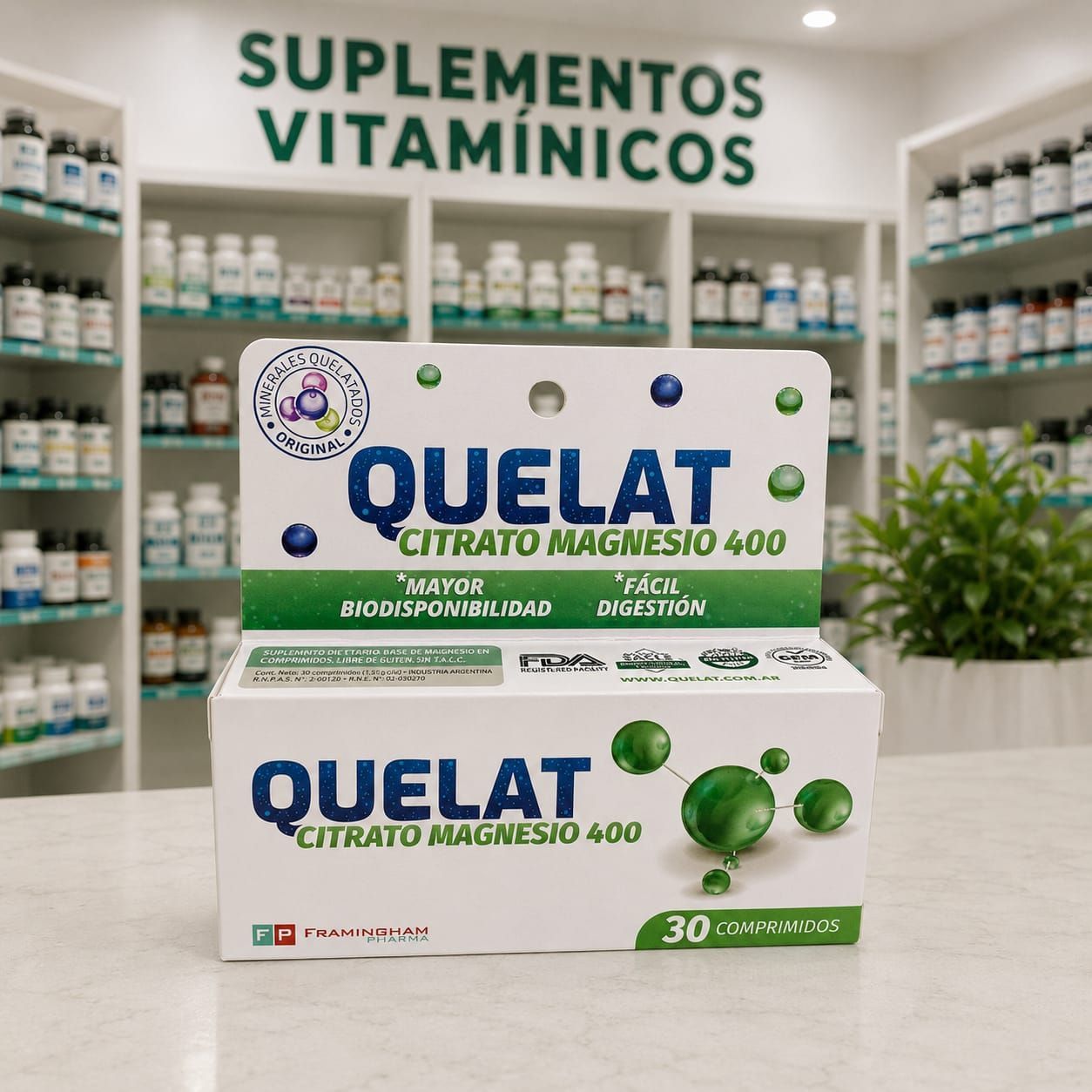 Caja de suplemento dietario Quelat Citrato de Magnesio de 400 mg para alta absorción.
