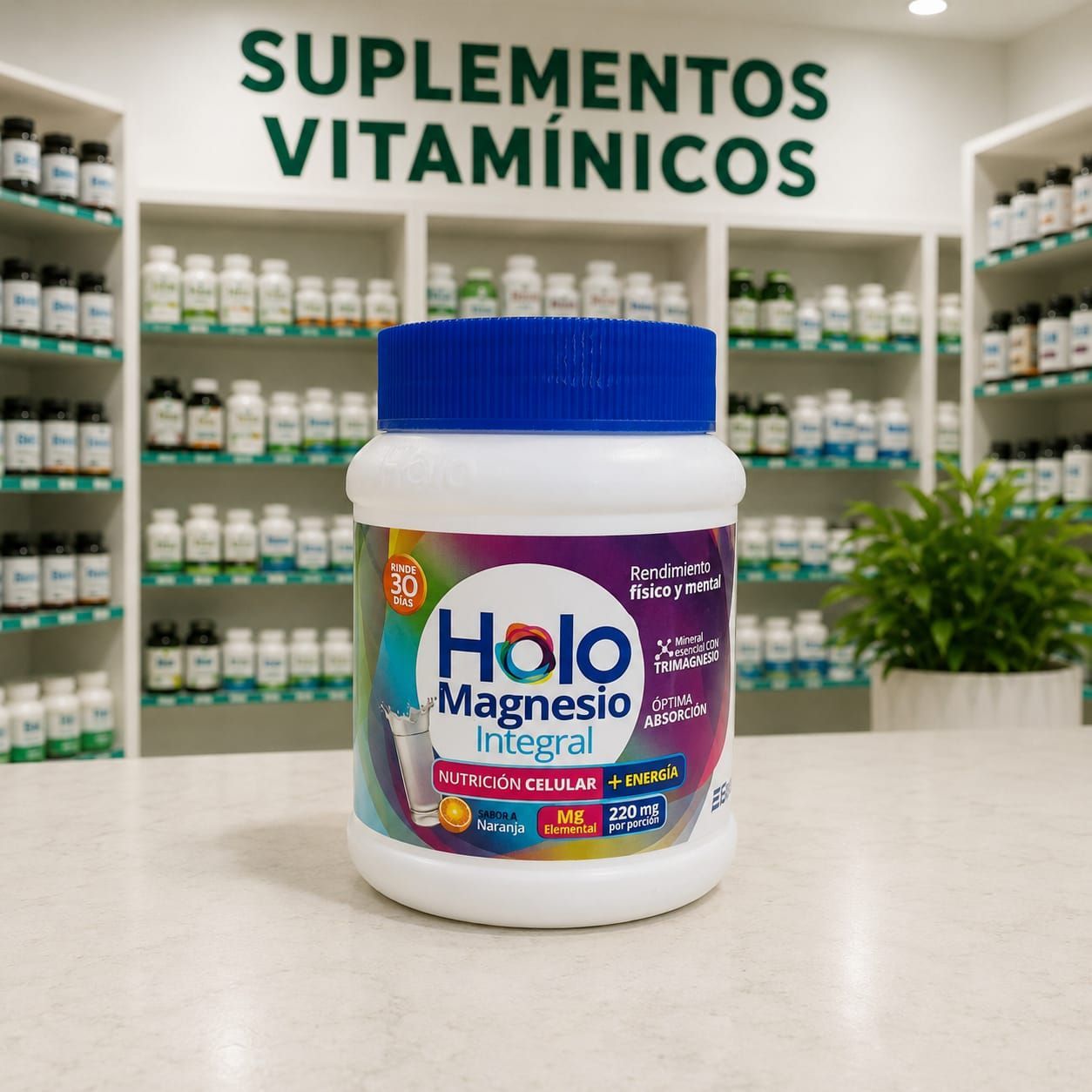 Envase de suplemento dietario Holomagnesio Integral en polvo sabor naranja.