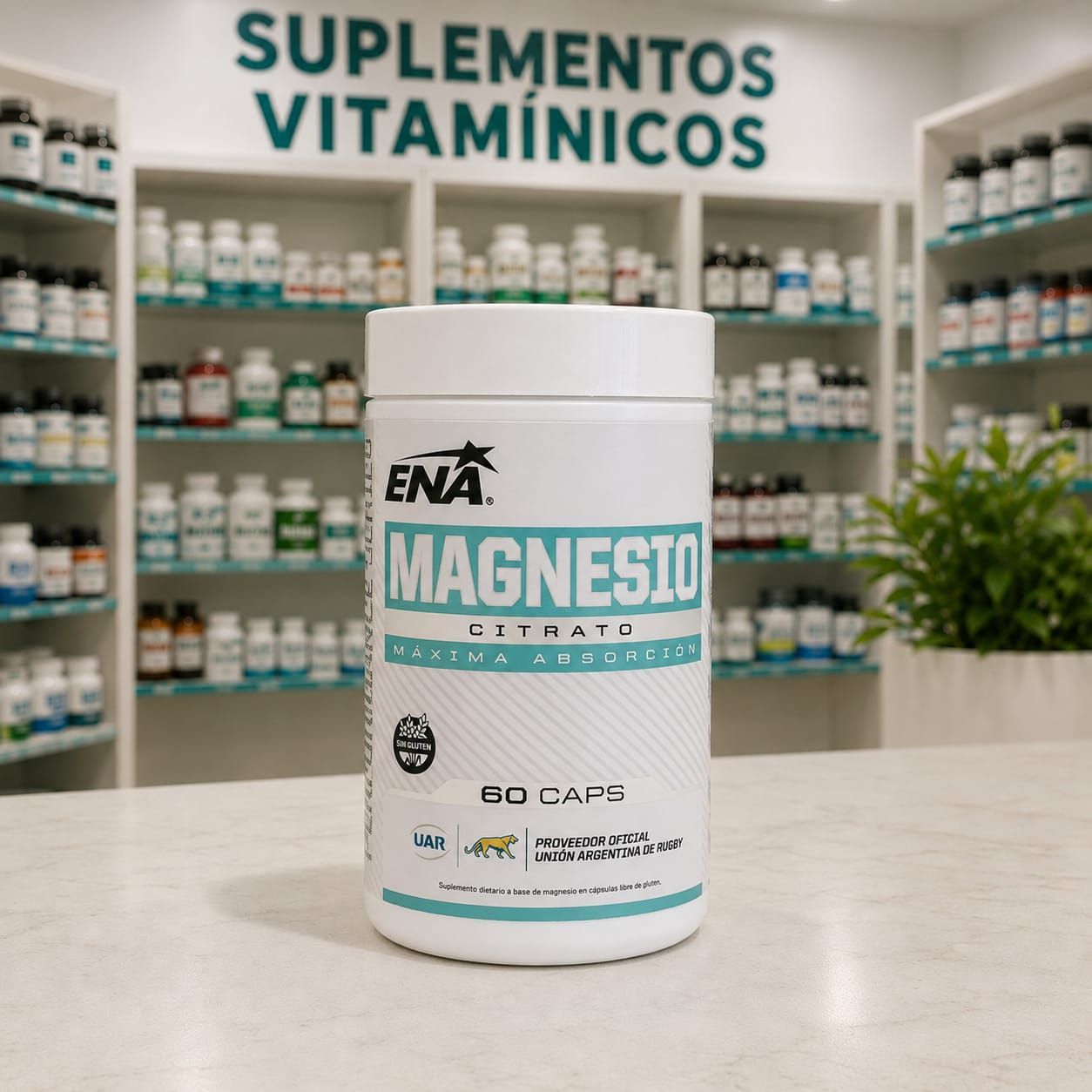 Frasco de ENA Citrato de Magnesio, suplemento deportivo que apoya el sistema nervioso y mejora el descanso.