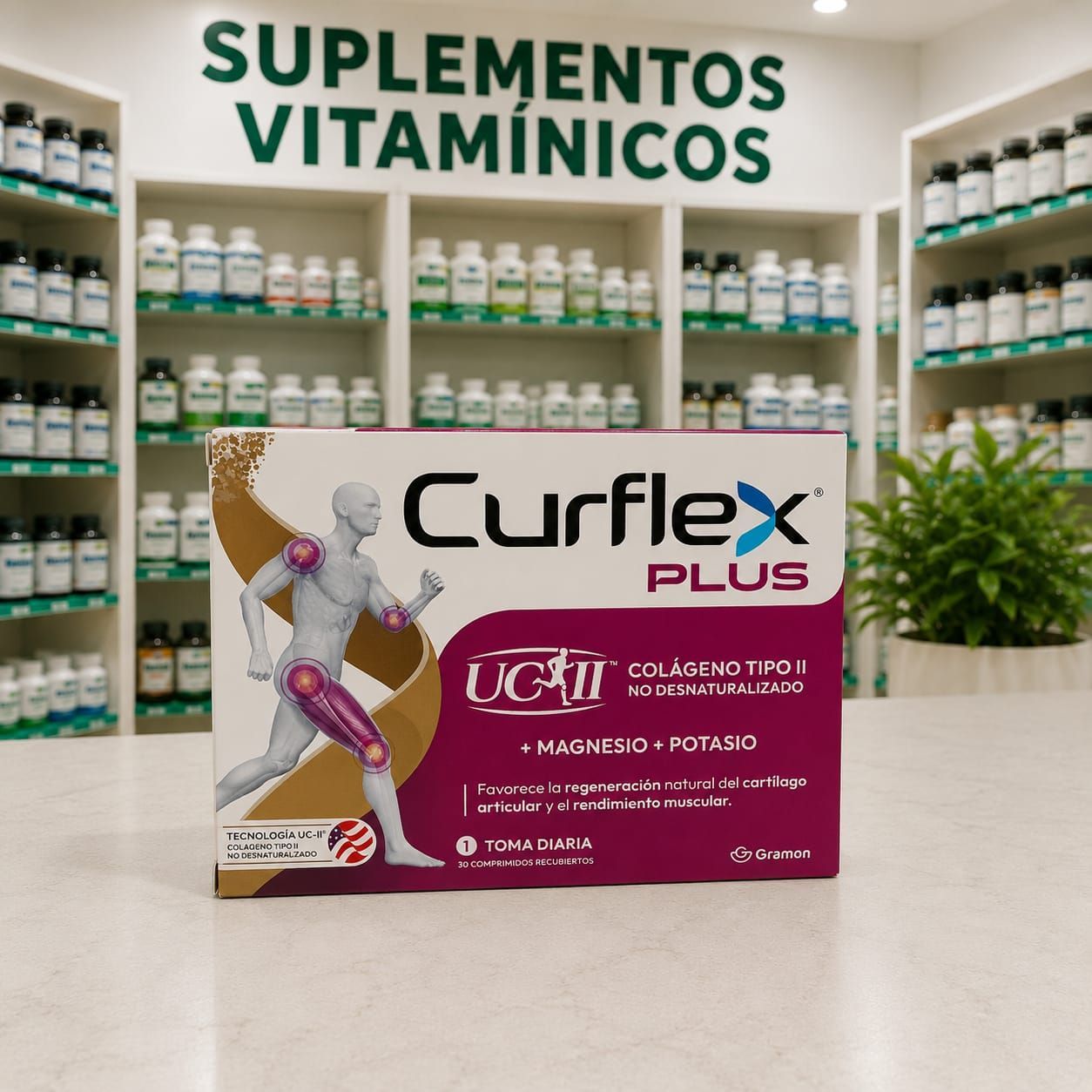 Caja de Curflex en cápsulas junto a un vaso de agua y un plato saludable de frutas.
