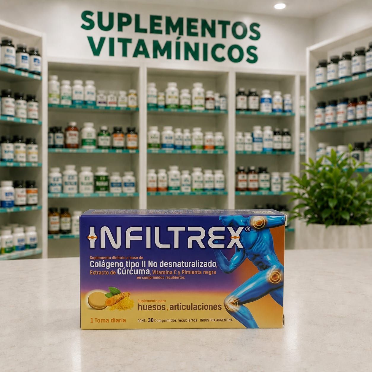 Caja de Infiltrex Comprimidos, suplemento dietario para huesos y articulaciones con colágeno y cúrcuma
