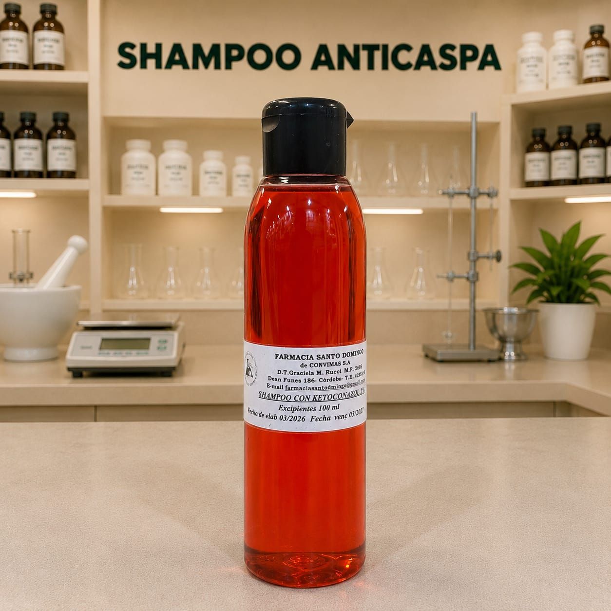 Frasco de shampoo anticaspa con ketoconazol al 2%, diseñado para el tratamiento de la dermatitis seborreica y la descamación.