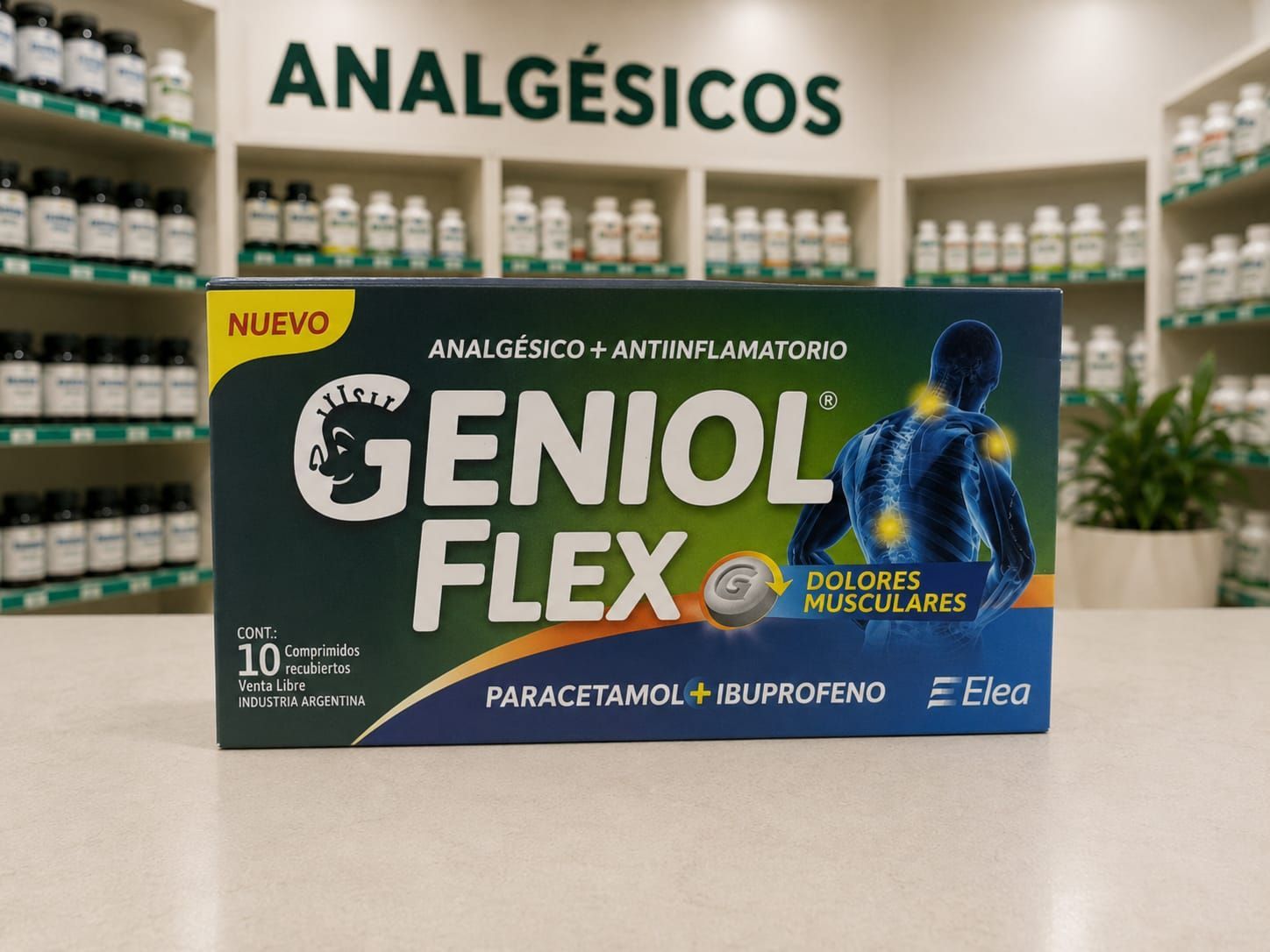 Geniol Flex x10 comprimidos, analgésico y relajante muscular indicado para el alivio de contracturas.