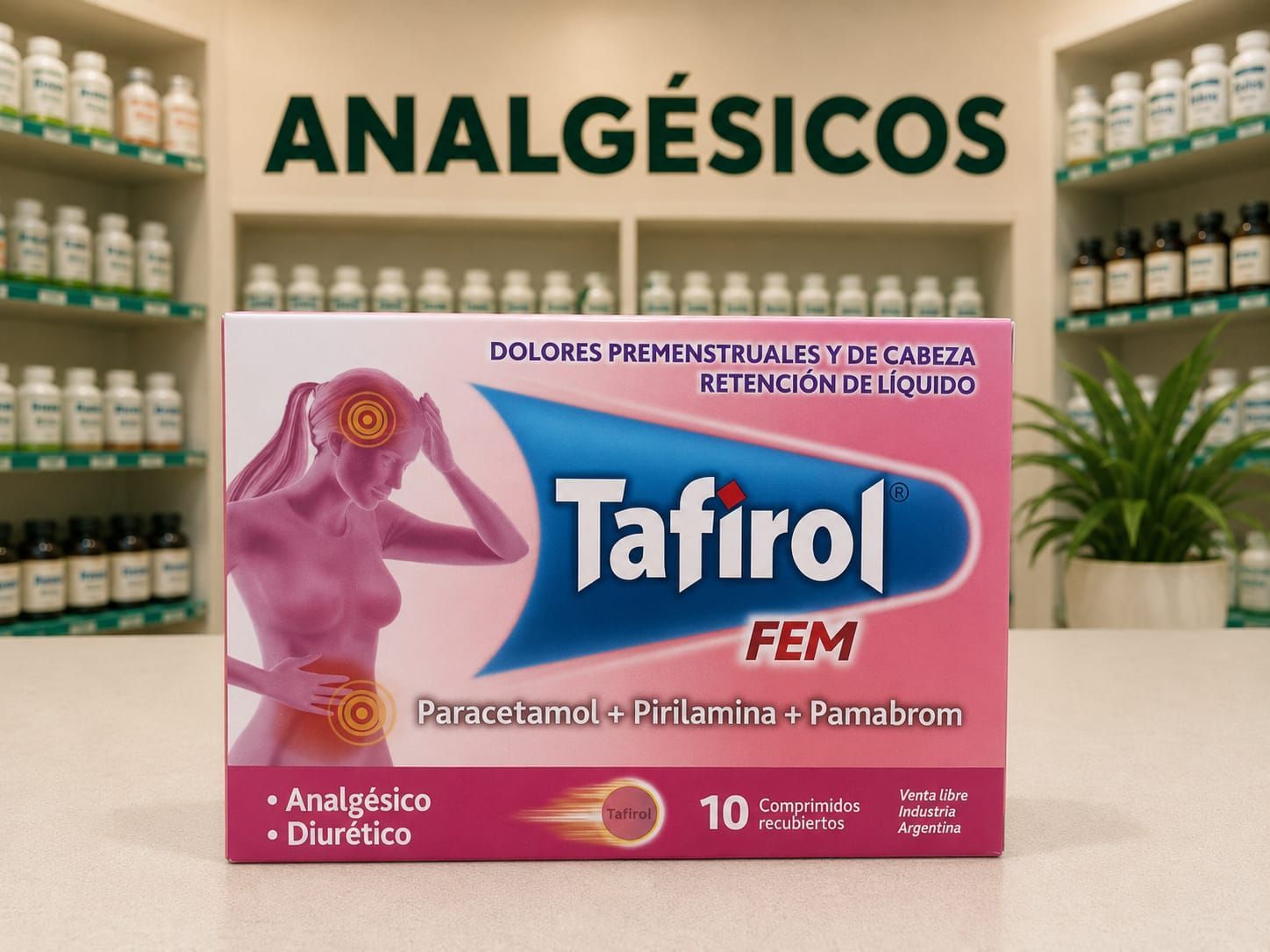 Medicamento analgésico Tafirol Fem indicado para aliviar dolores menstruales, dolores de cabeza y musculares.